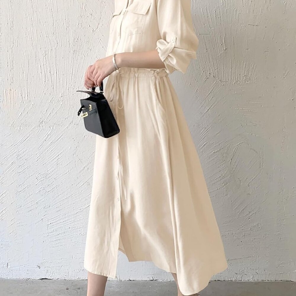 Women Midi Dress Long Sleeve Button Down Casual Tied Waist A-line - Picture 5 of 6